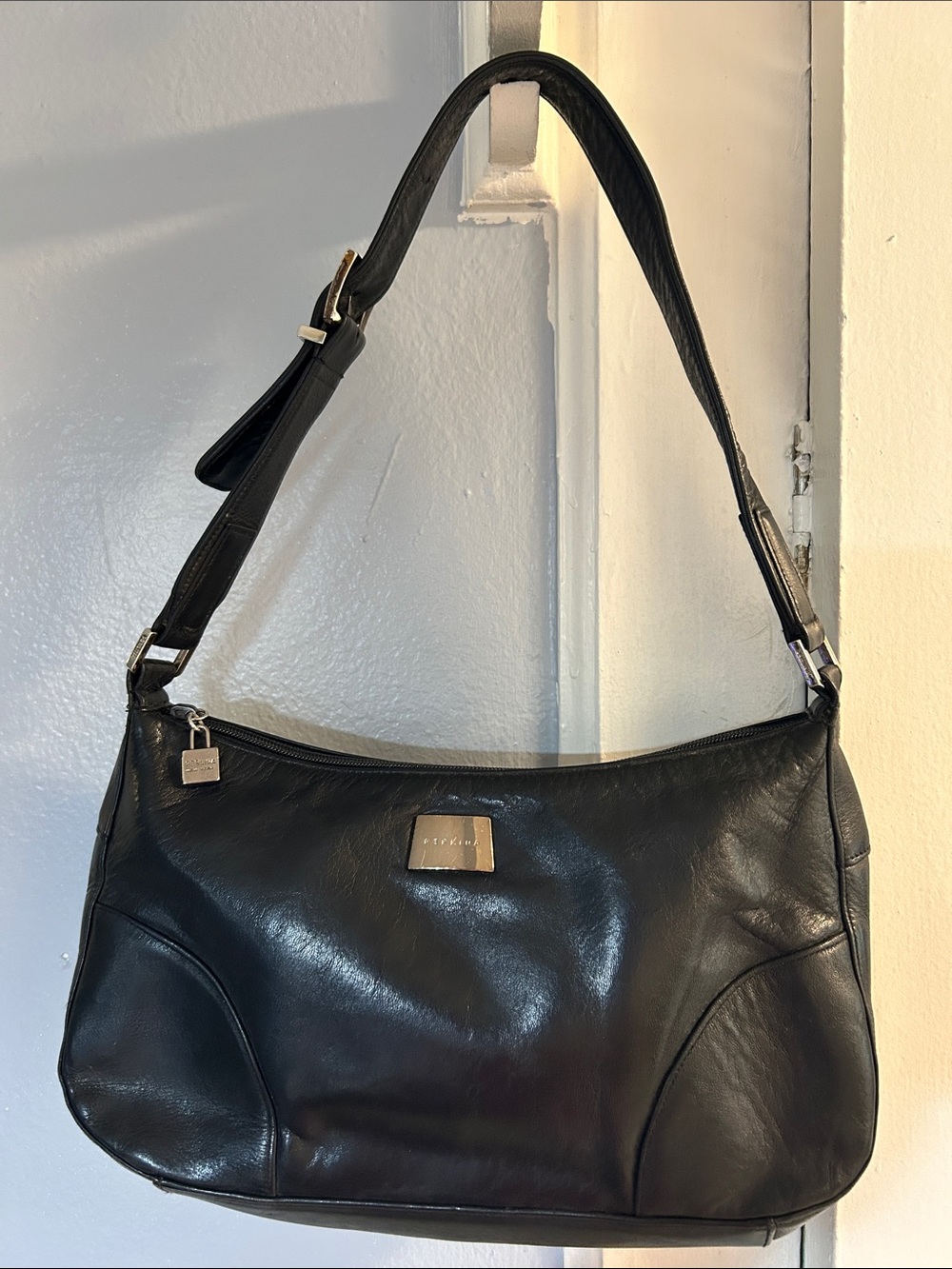 Perlina Black Leather Shoulder Bag Silver Tone Hardware - Classic Women's Tote